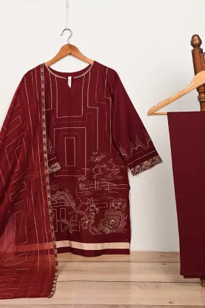 3SP-11B-Maroon - 3PC COTTON EMBROIDERED Dress With Chiffon Embroidered Dupatta