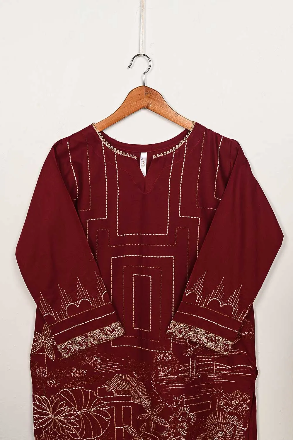 3SP-11B-Maroon - 3PC COTTON EMBROIDERED Dress With Chiffon Embroidered Dupatta