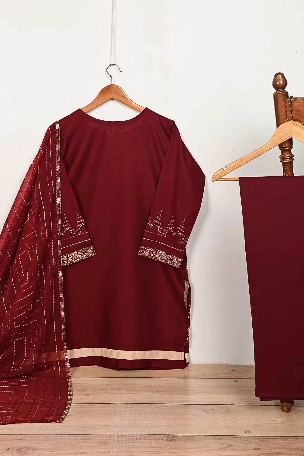 3SP-11B-Maroon - 3PC COTTON EMBROIDERED Dress With Chiffon Embroidered Dupatta