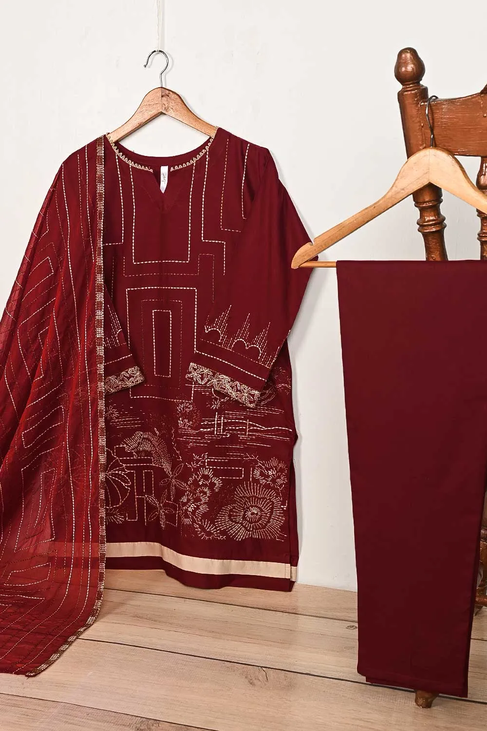 3SP-11B-Maroon - 3PC COTTON EMBROIDERED Dress With Chiffon Embroidered Dupatta