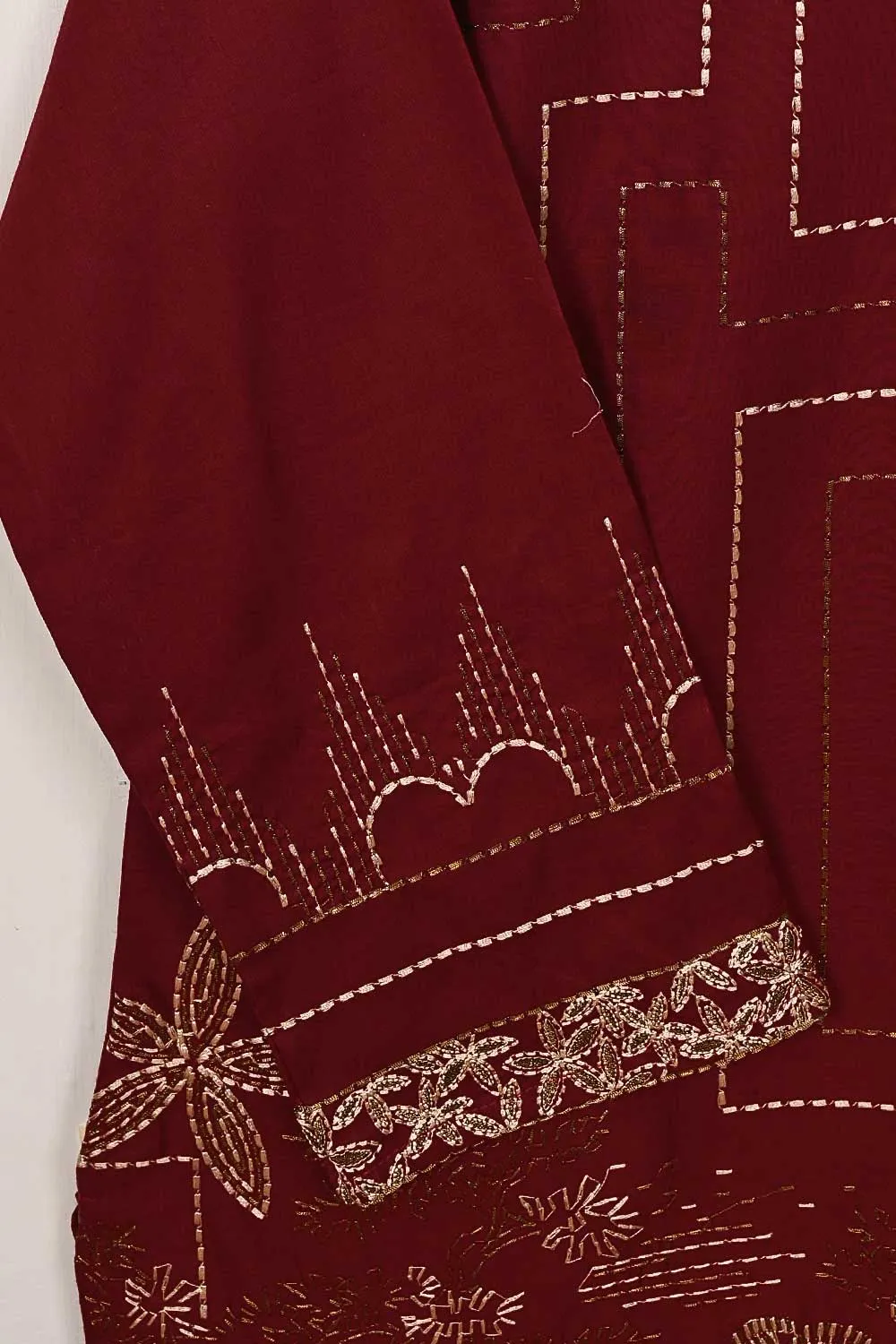 3SP-11B-Maroon - 3PC COTTON EMBROIDERED Dress With Chiffon Embroidered Dupatta