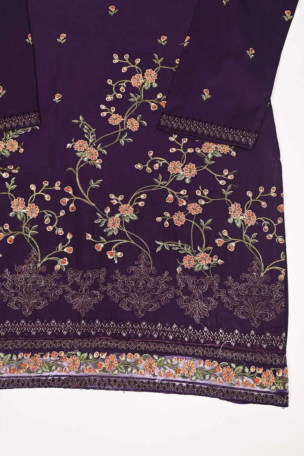 3SP-18B-Purple - 3PC COTTON EMBROIDERED Dress With Chiffon Embroidered Dupatta
