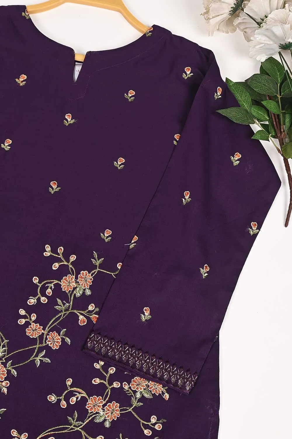 3SP-18B-Purple - 3PC COTTON EMBROIDERED Dress With Chiffon Embroidered Dupatta