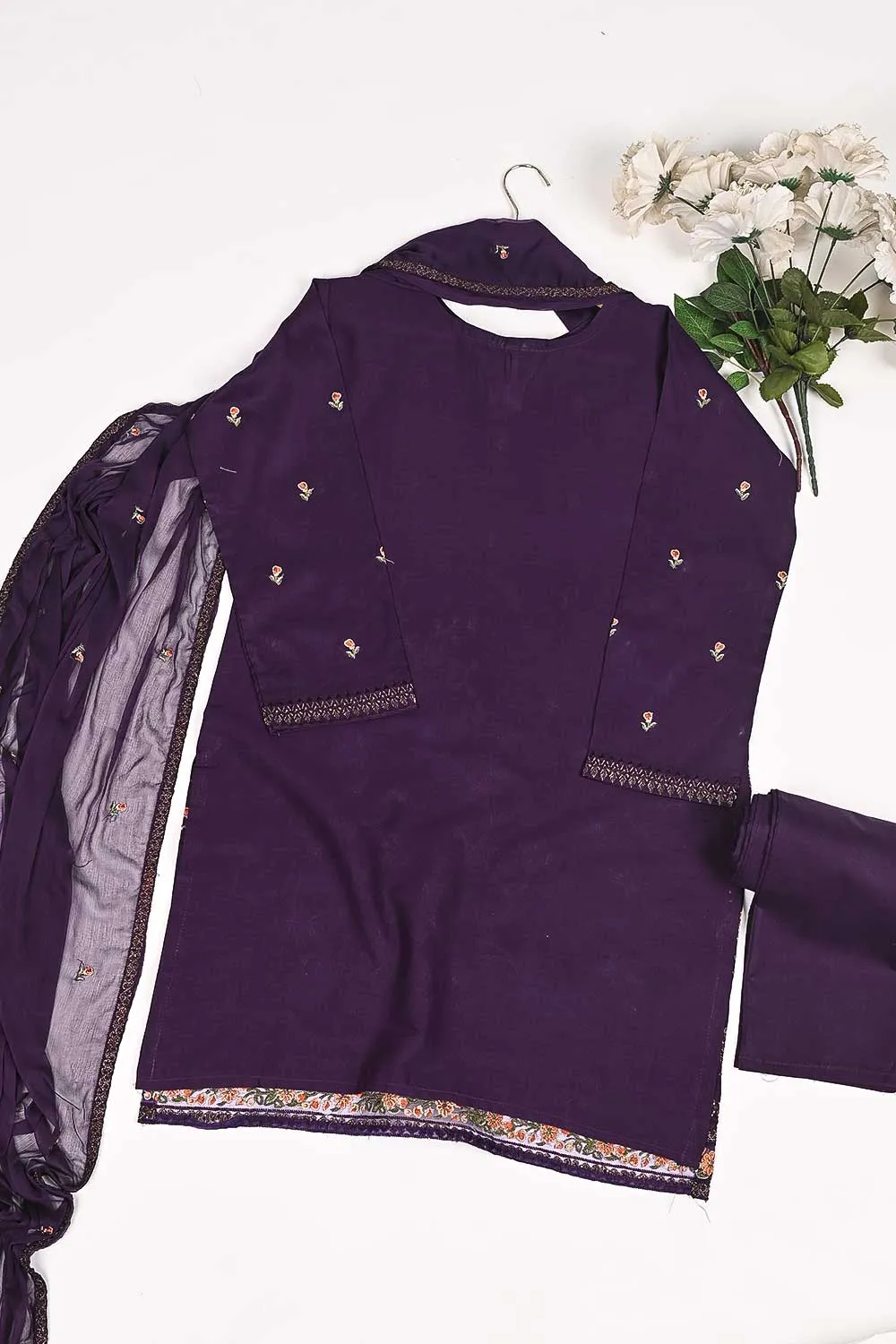 3SP-18B-Purple - 3PC COTTON EMBROIDERED Dress With Chiffon Embroidered Dupatta