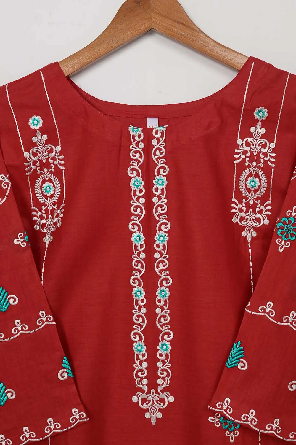 3SP-3A-RED - 3PC CAMBRIC EMBROIDERED Dress With Chiffon Embroidered Dupatta