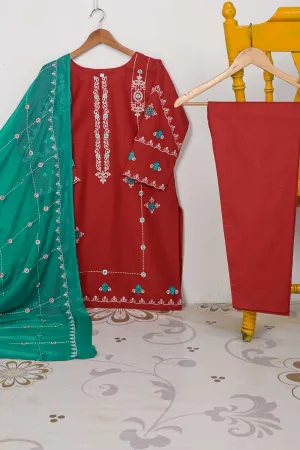 3SP-3A-RED - 3PC CAMBRIC EMBROIDERED Dress With Chiffon Embroidered Dupatta