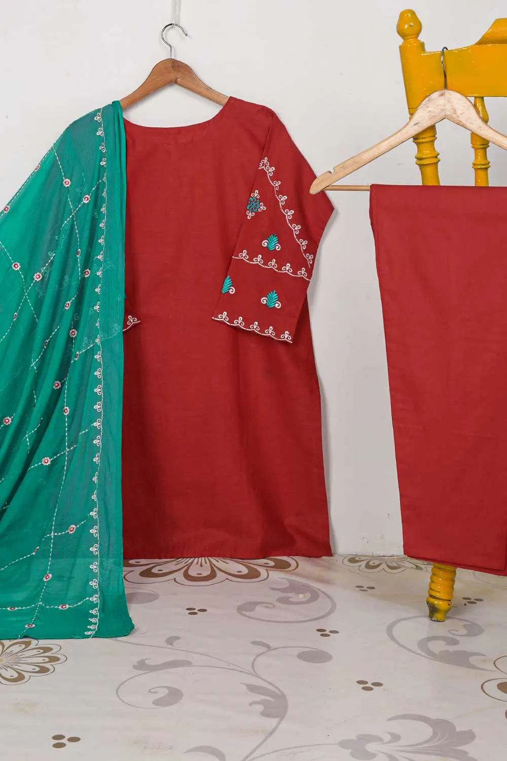 3SP-3A-RED - 3PC CAMBRIC EMBROIDERED Dress With Chiffon Embroidered Dupatta