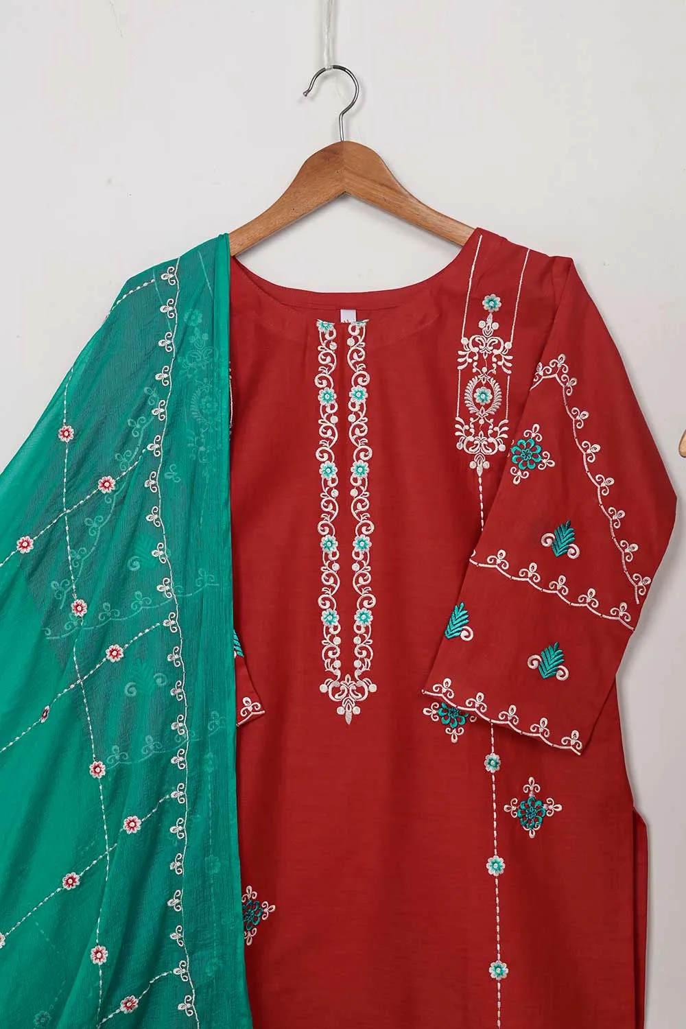 3SP-3A-RED - 3PC CAMBRIC EMBROIDERED Dress With Chiffon Embroidered Dupatta