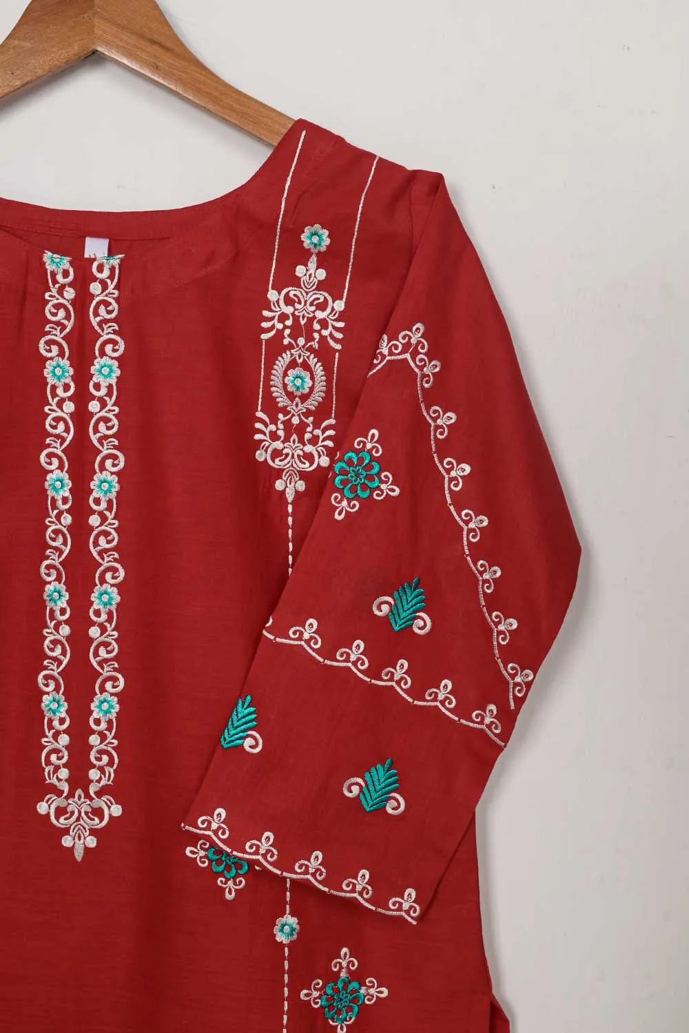 3SP-3A-RED - 3PC CAMBRIC EMBROIDERED Dress With Chiffon Embroidered Dupatta