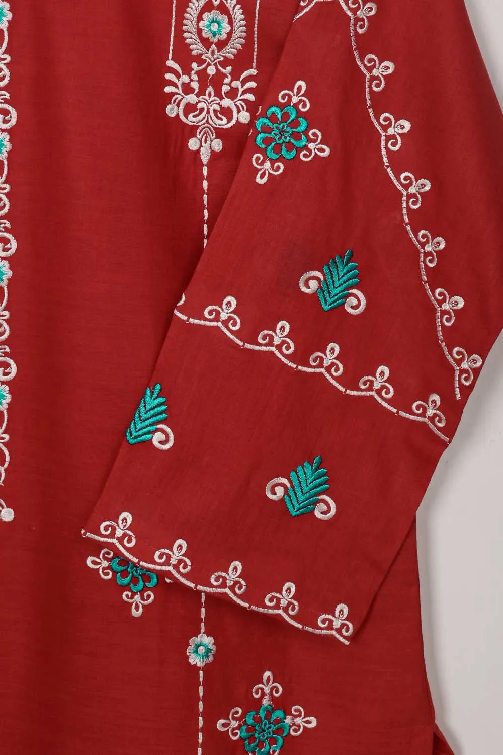 3SP-3A-RED - 3PC CAMBRIC EMBROIDERED Dress With Chiffon Embroidered Dupatta