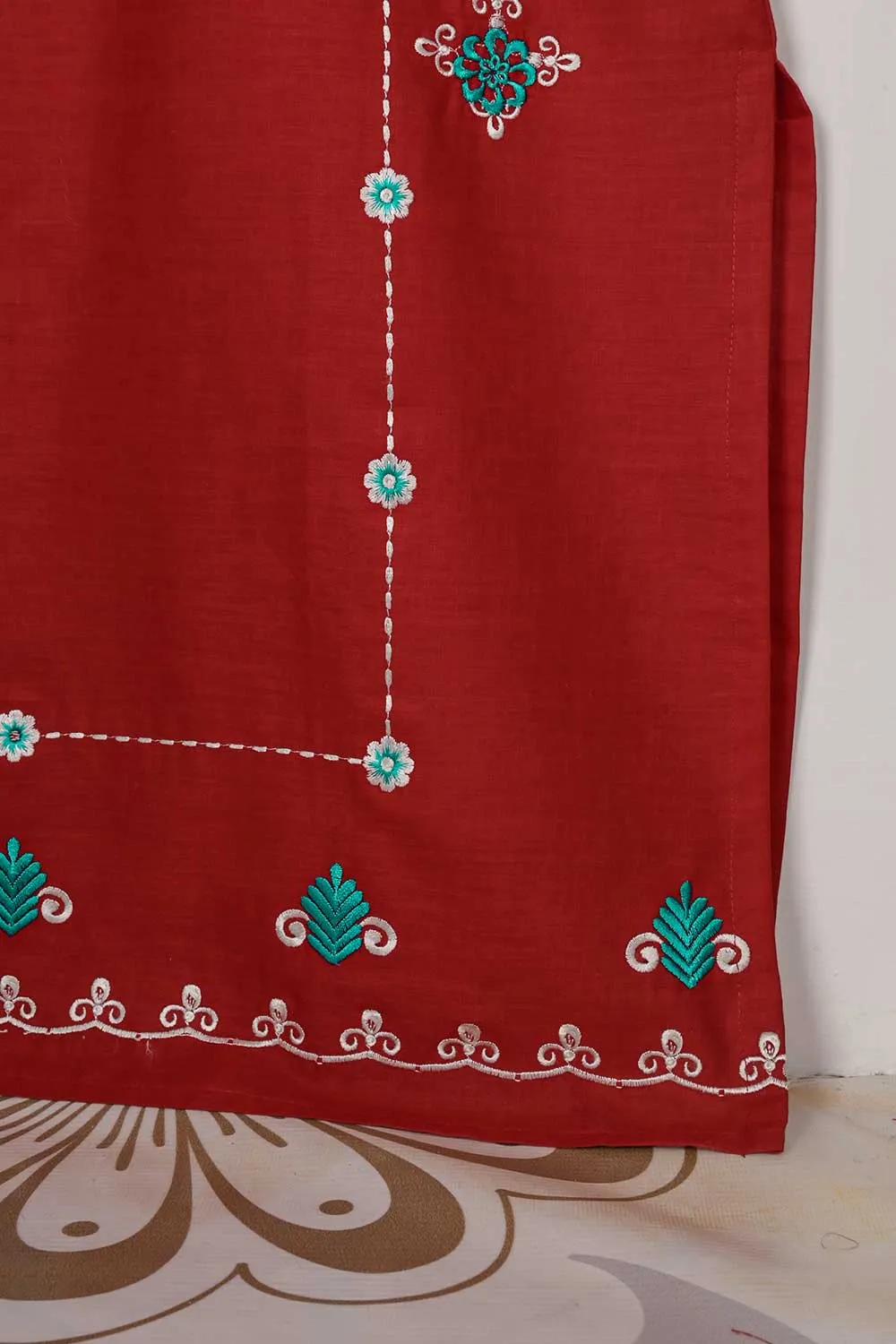 3SP-3A-RED - 3PC CAMBRIC EMBROIDERED Dress With Chiffon Embroidered Dupatta