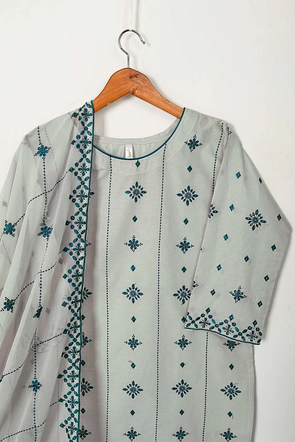 3SP-6B-GREY - 3PC COTTON EMBROIDERED Dress With Chiffon Embroidered Dupatta