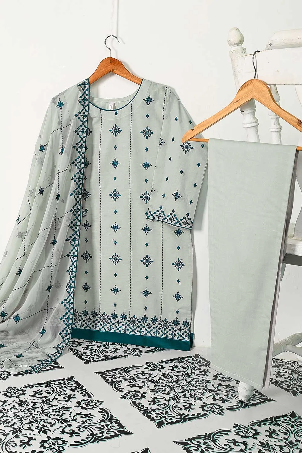 3SP-6B-GREY - 3PC COTTON EMBROIDERED Dress With Chiffon Embroidered Dupatta
