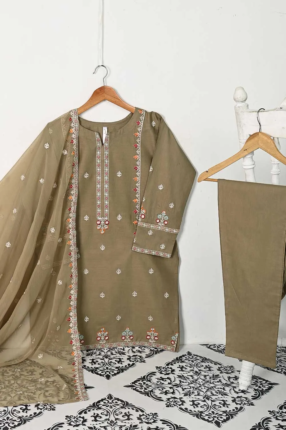 3SP-7A-SKIN - 3PC COTTON EMBROIDERED Dress With Chiffon Embroidered Dupatta