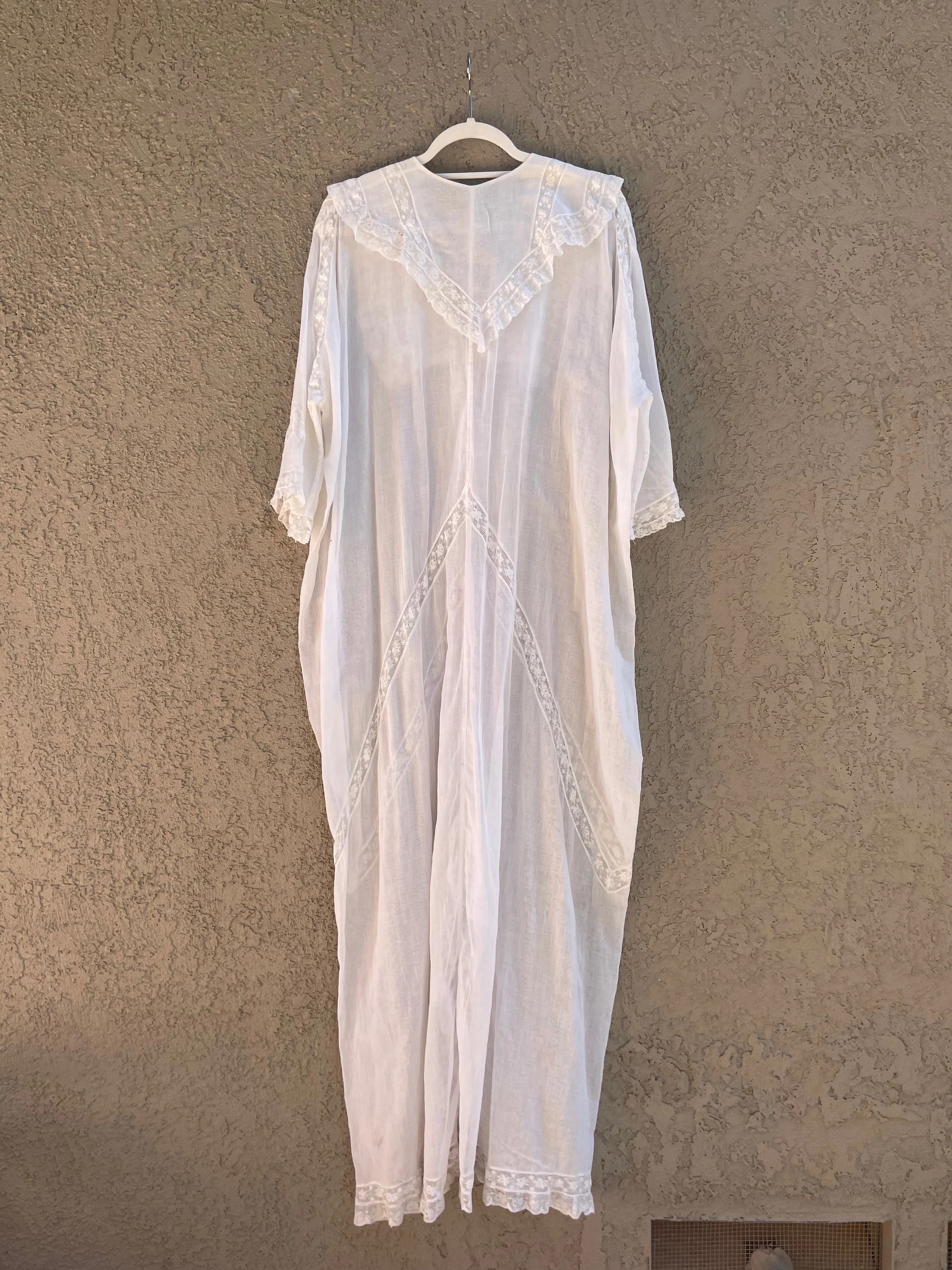 Antique 1910s Cocoon Style Cotton Voile & inset Lace Dressing Gown/ Peignoir