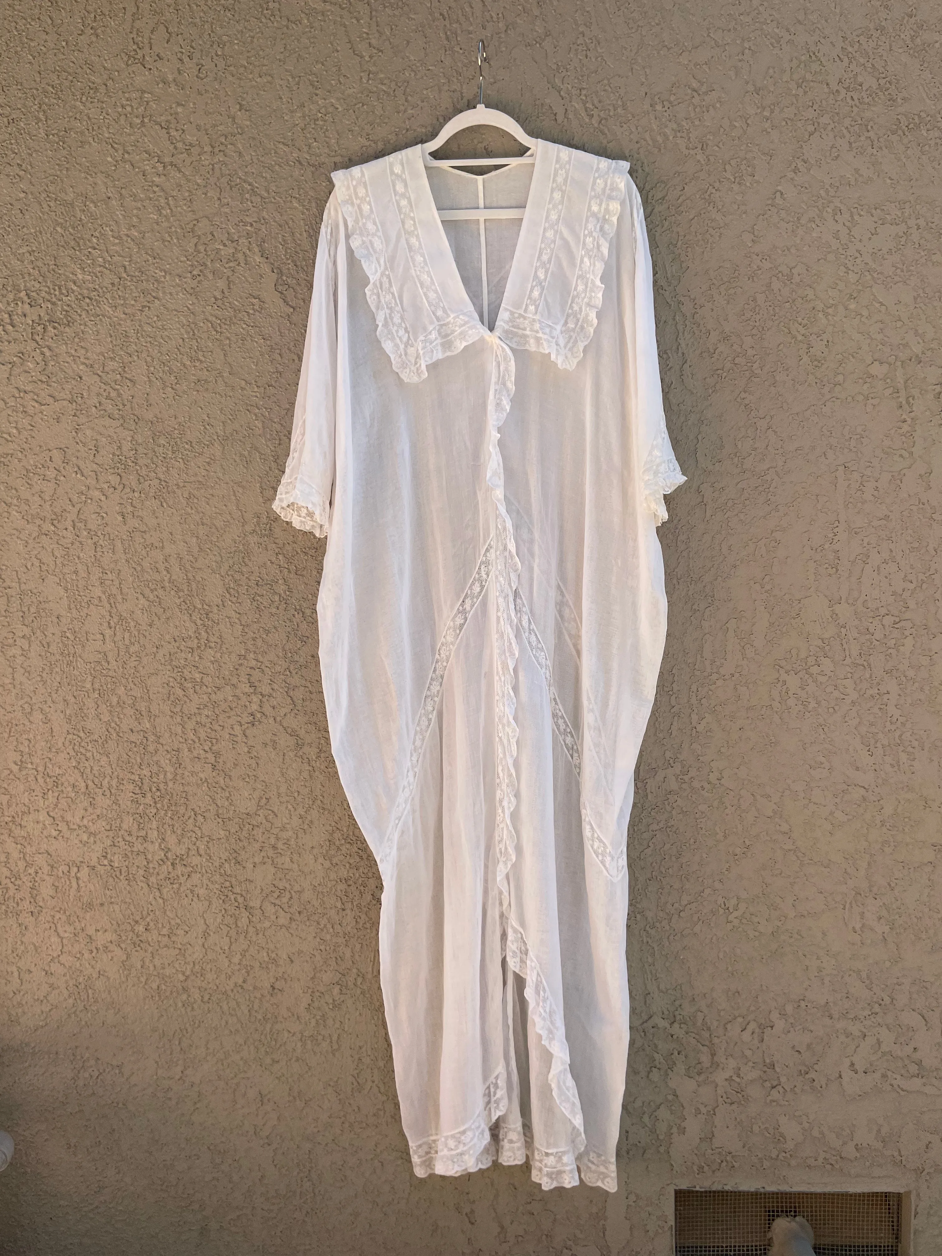 Antique 1910s Cocoon Style Cotton Voile & inset Lace Dressing Gown/ Peignoir