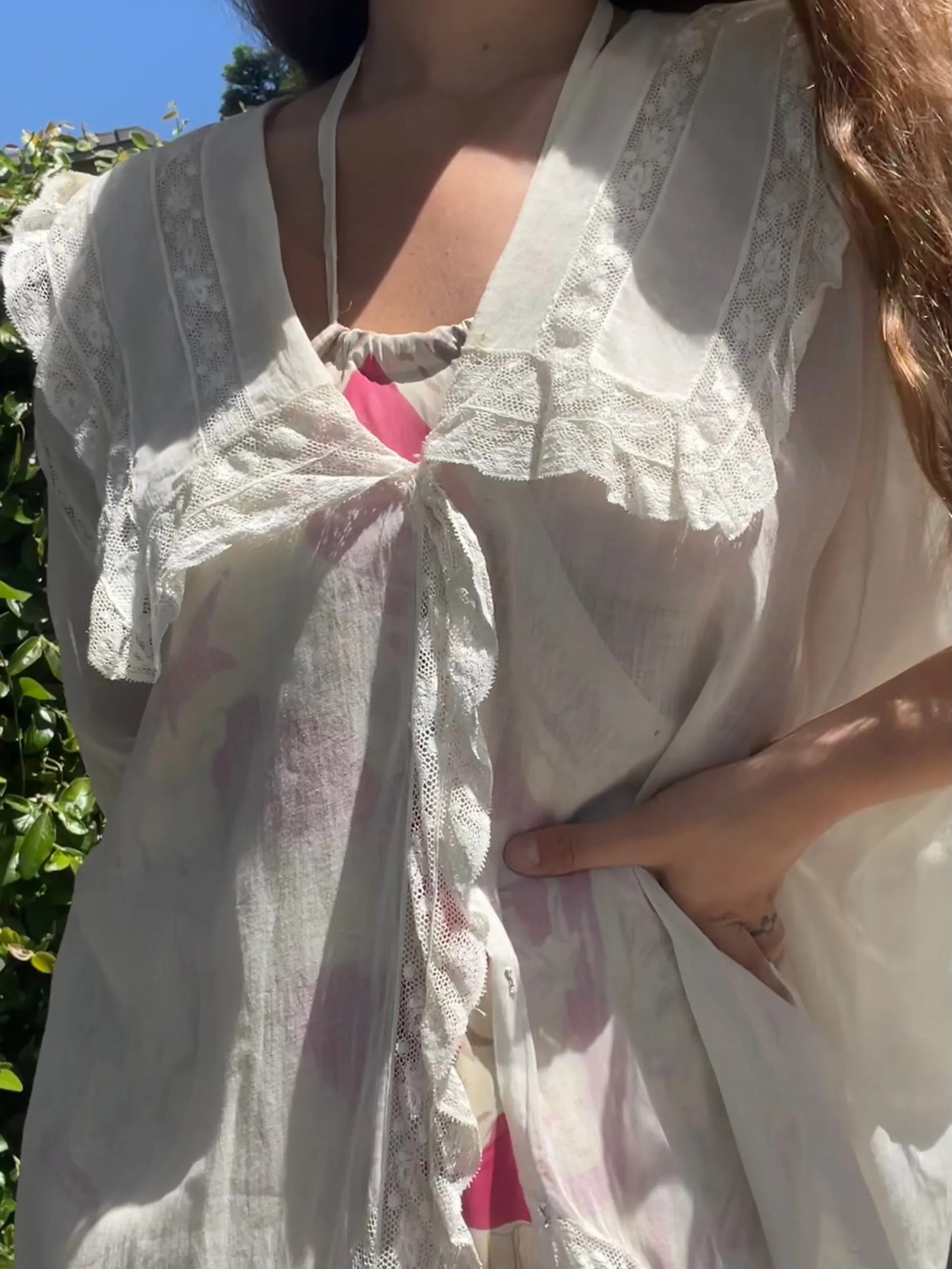 Antique 1910s Cocoon Style Cotton Voile & inset Lace Dressing Gown/ Peignoir