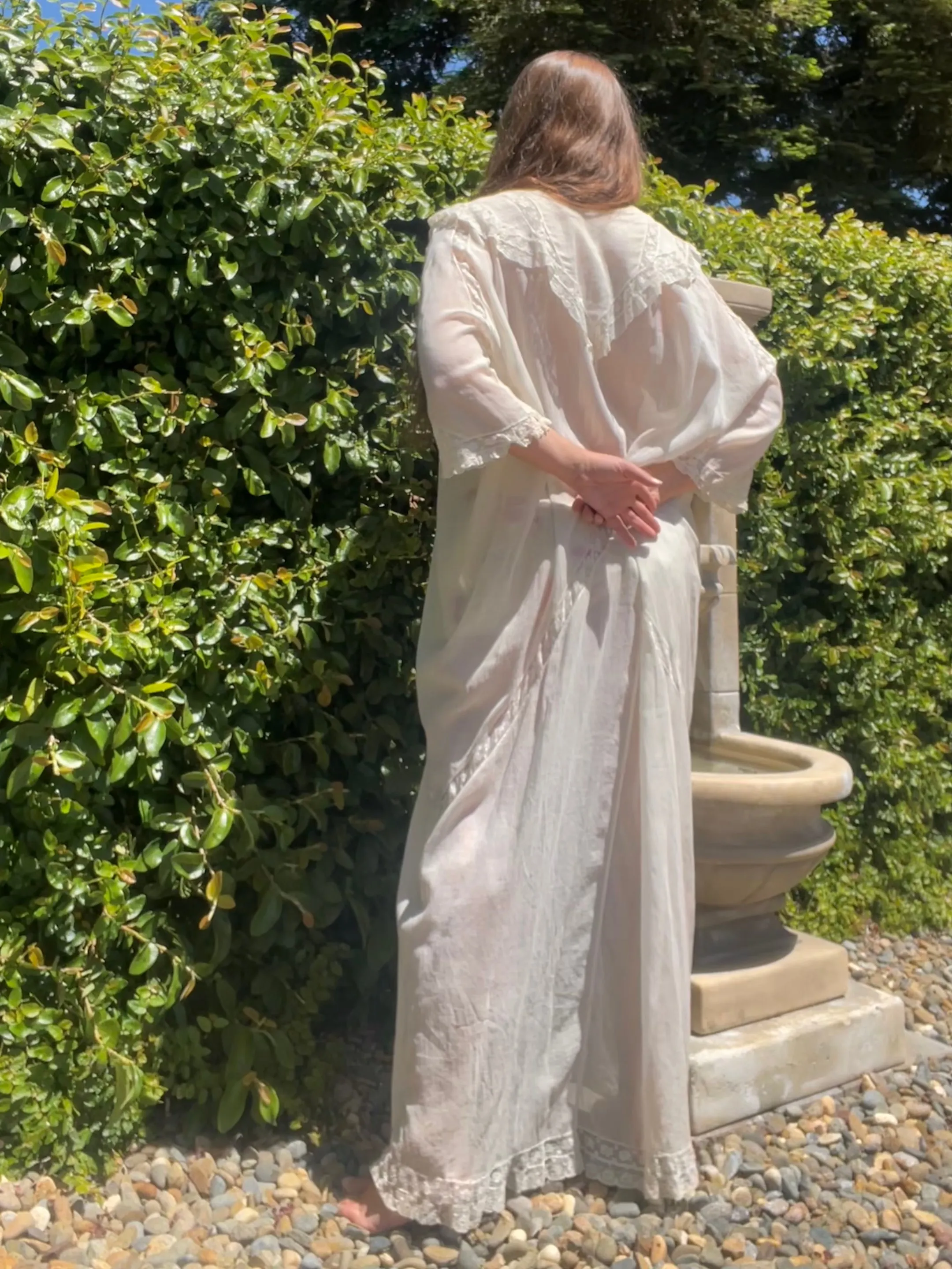 Antique 1910s Cocoon Style Cotton Voile & inset Lace Dressing Gown/ Peignoir