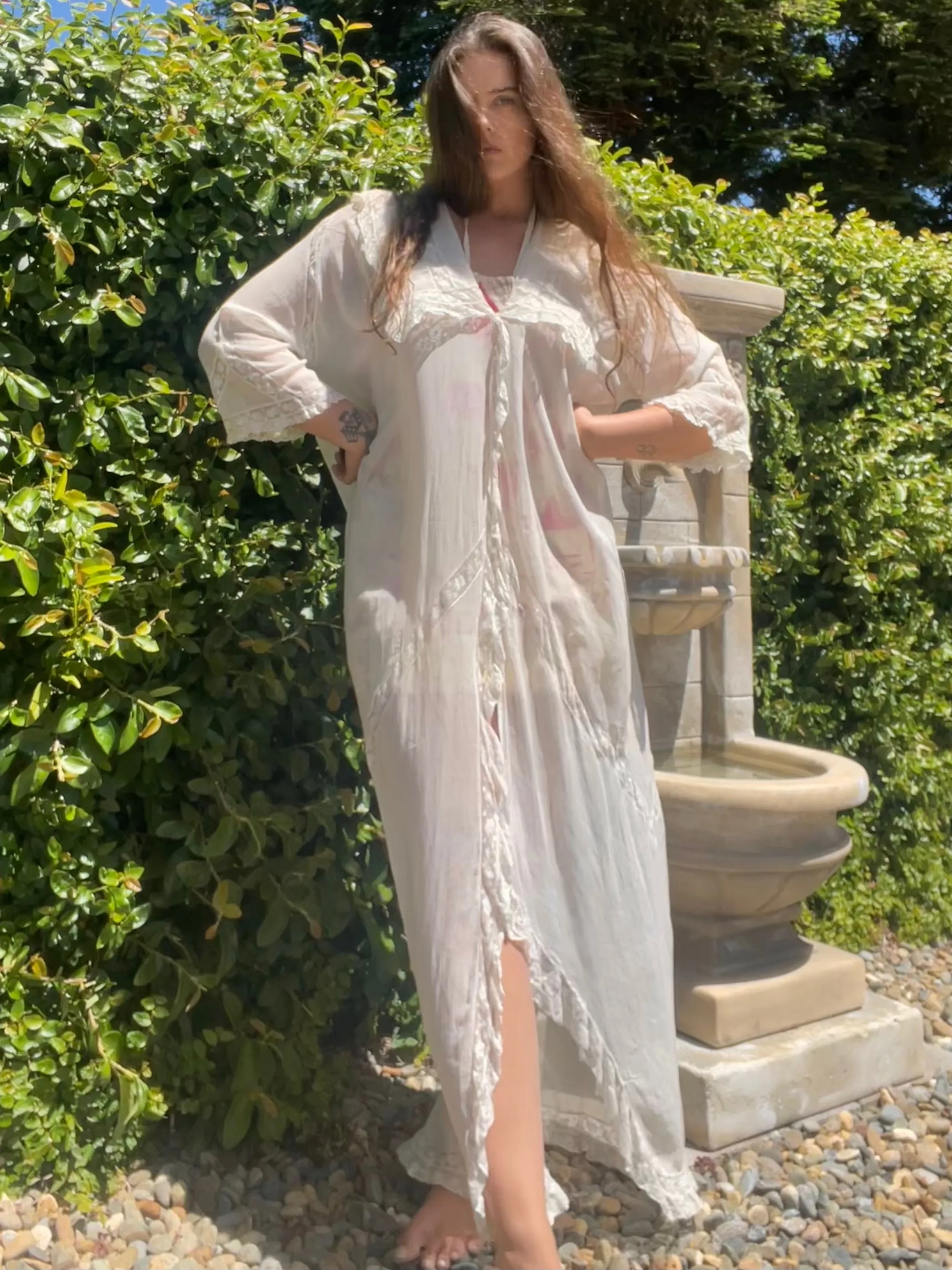 Antique 1910s Cocoon Style Cotton Voile & inset Lace Dressing Gown/ Peignoir