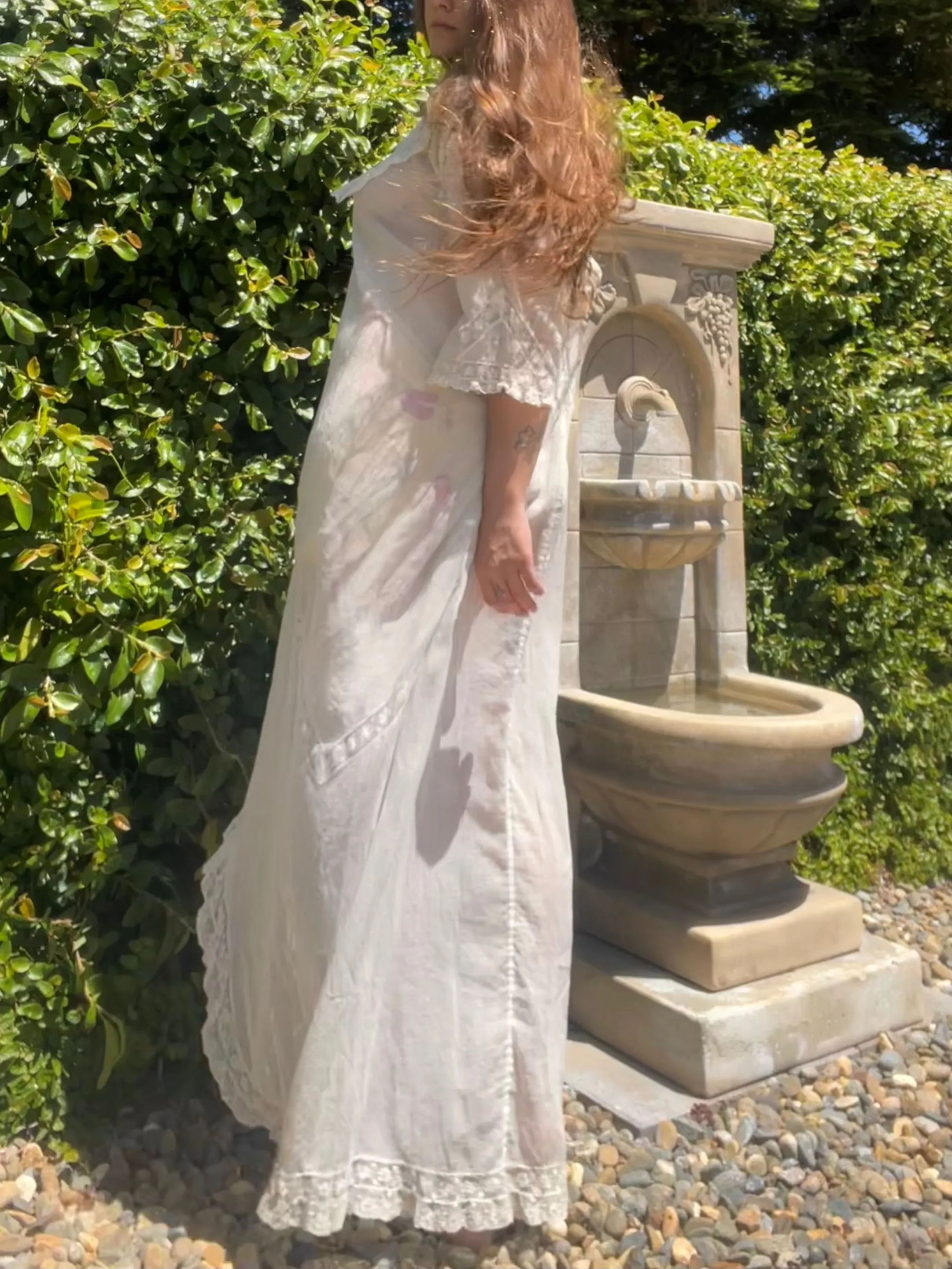 Antique 1910s Cocoon Style Cotton Voile & inset Lace Dressing Gown/ Peignoir