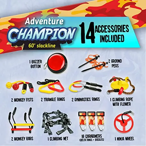 ARY'SLAND Obstacle Course for Kids - with 14 Accessories & Bag, Buzzer Button, Gymnastic Rings, Monkey Bars, Ninja Wheel, and Plenty More - Sturdy 60’ Ninja Warrior Obstacle Course for Kids