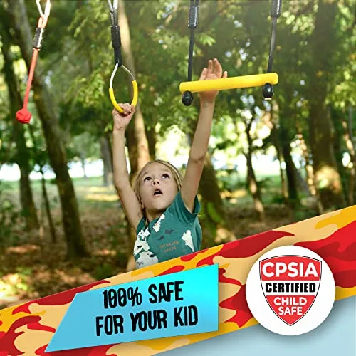ARY'SLAND Obstacle Course for Kids - with 14 Accessories & Bag, Buzzer Button, Gymnastic Rings, Monkey Bars, Ninja Wheel, and Plenty More - Sturdy 60’ Ninja Warrior Obstacle Course for Kids