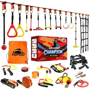 ARY'SLAND Obstacle Course for Kids - with 14 Accessories & Bag, Buzzer Button, Gymnastic Rings, Monkey Bars, Ninja Wheel, and Plenty More - Sturdy 60’ Ninja Warrior Obstacle Course for Kids