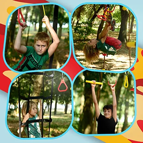 ARY'SLAND Obstacle Course for Kids - with 14 Accessories & Bag, Buzzer Button, Gymnastic Rings, Monkey Bars, Ninja Wheel, and Plenty More - Sturdy 60’ Ninja Warrior Obstacle Course for Kids