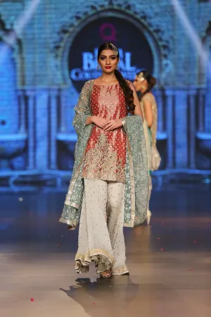 Asian designer embroidered dress in red, blue and white color # B3357