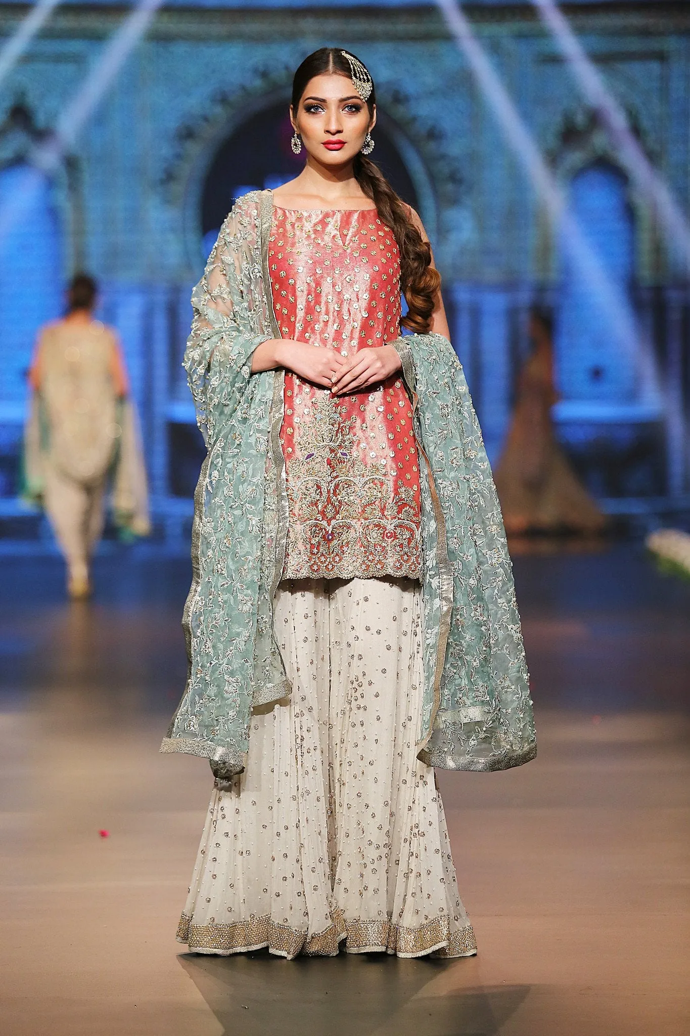 Asian designer embroidered dress in red, blue and white color # B3357