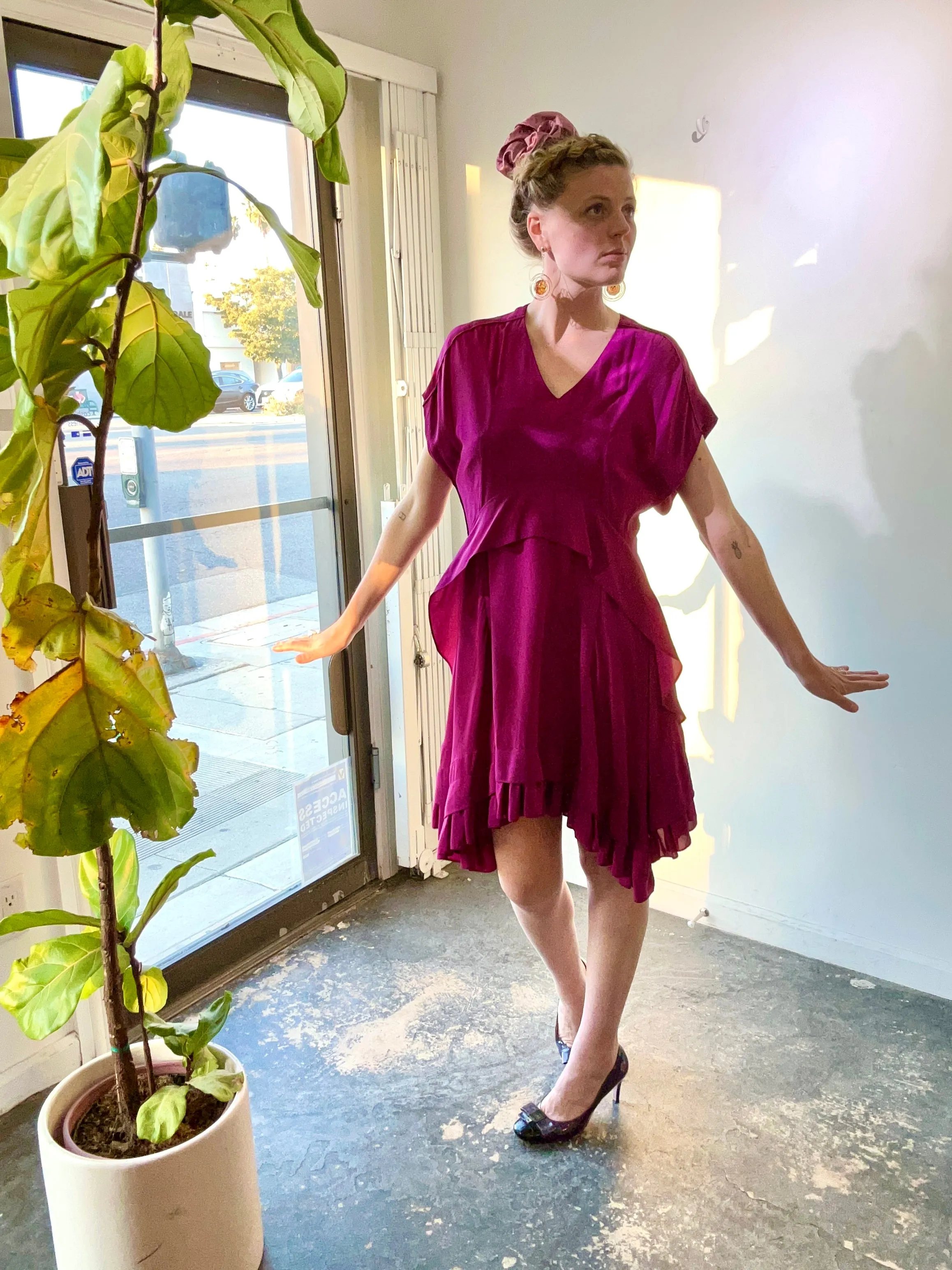 Balenciaga Fuchsia Silk Ruffle Dress
