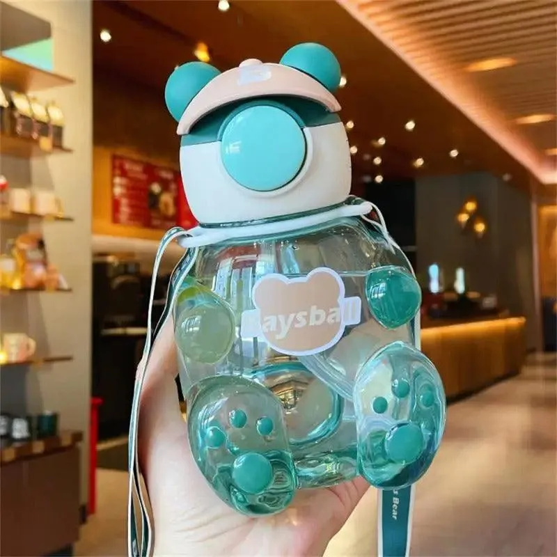 Bear-Shaped Transparent Kids' Water Bottle with Straw and Strap - 750ml