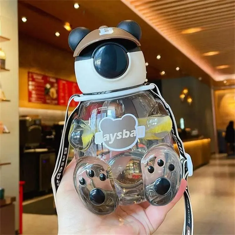 Bear-Shaped Transparent Kids' Water Bottle with Straw and Strap - 750ml
