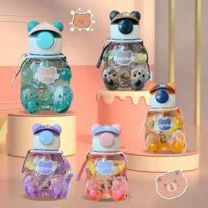 Bear-Shaped Transparent Kids' Water Bottle with Straw and Strap - 750ml