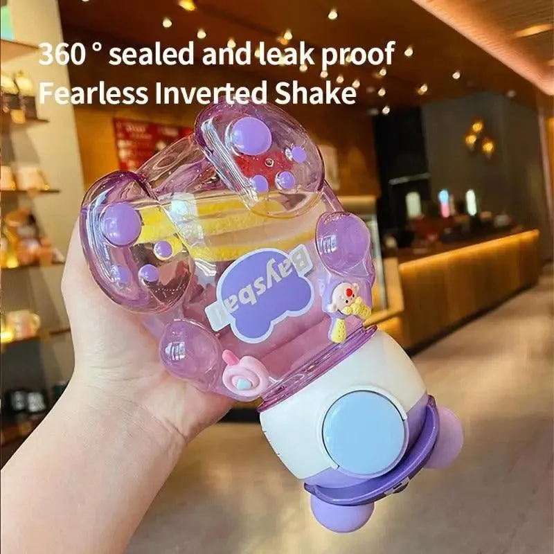 Bear-Shaped Transparent Kids' Water Bottle with Straw and Strap - 750ml