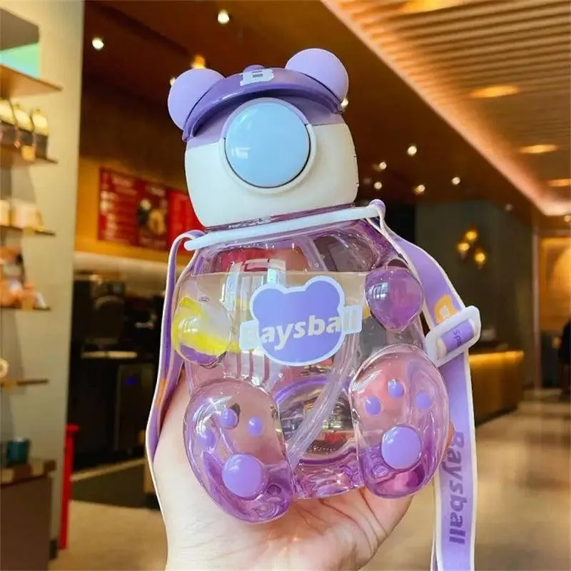 Bear-Shaped Transparent Kids' Water Bottle with Straw and Strap - 750ml