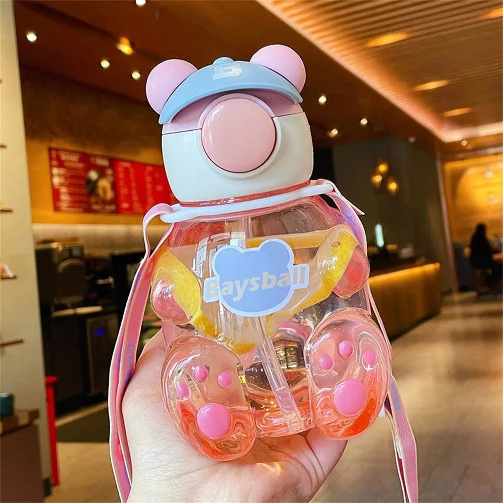 Bear-Shaped Transparent Kids' Water Bottle with Straw and Strap - 750ml