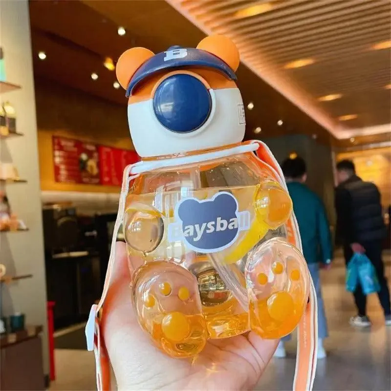 Bear-Shaped Transparent Kids' Water Bottle with Straw and Strap - 750ml