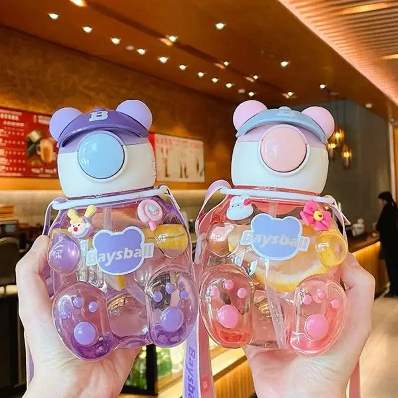 Bear-Shaped Transparent Kids' Water Bottle with Straw and Strap - 750ml