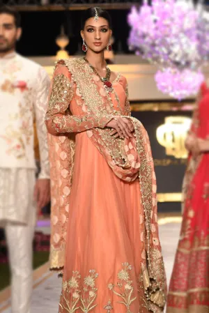 Beautiful Pakistani bridal anarkali dress embroidered in peach color # B3424
