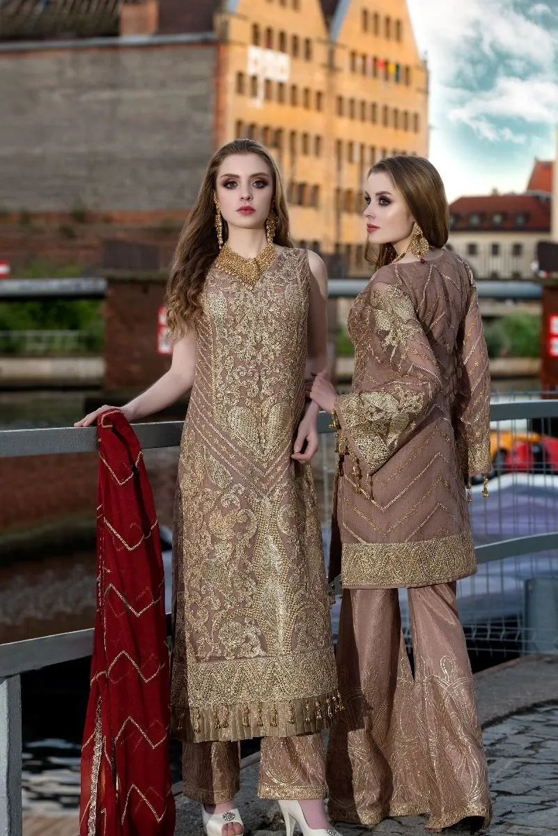 Beautiful Pakistani sequins embroidered outfit in brown color # P2308