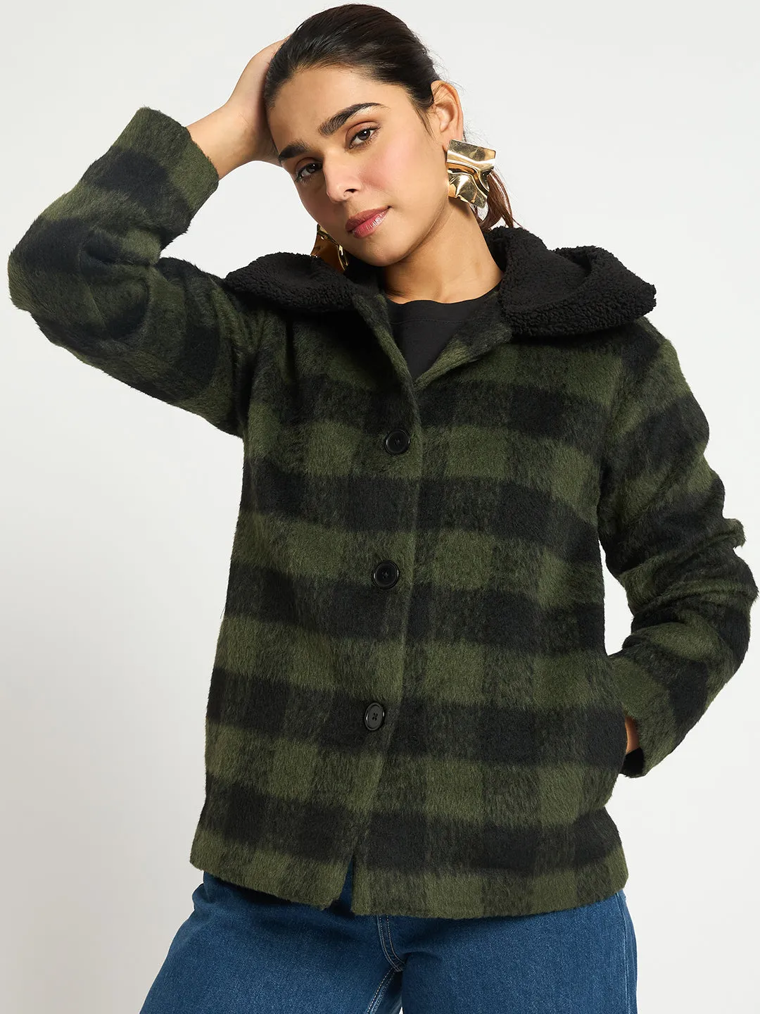 Black And Olive Plaid Fur Jacket