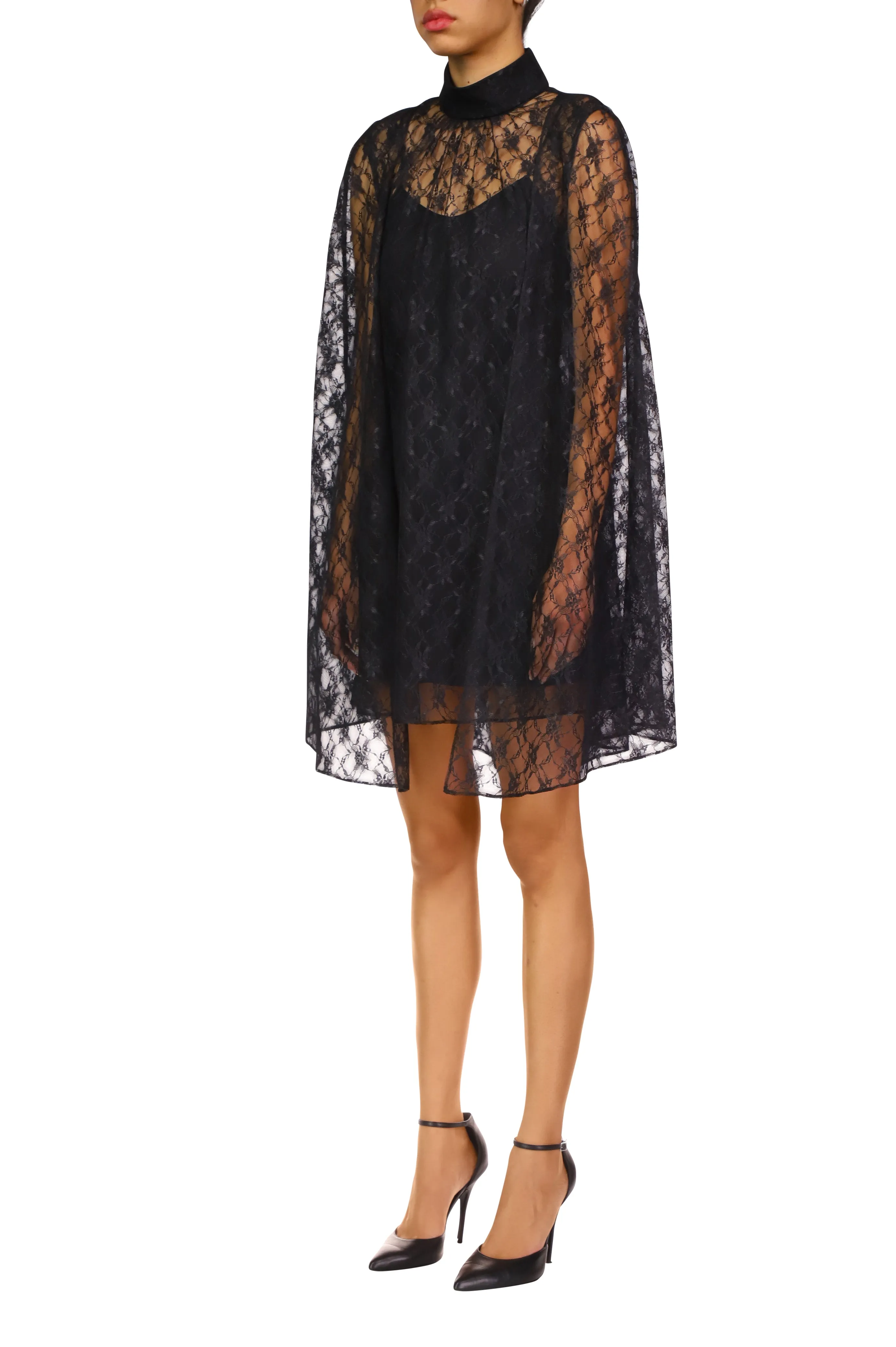 Black Floral Lace Cape Mini Dress