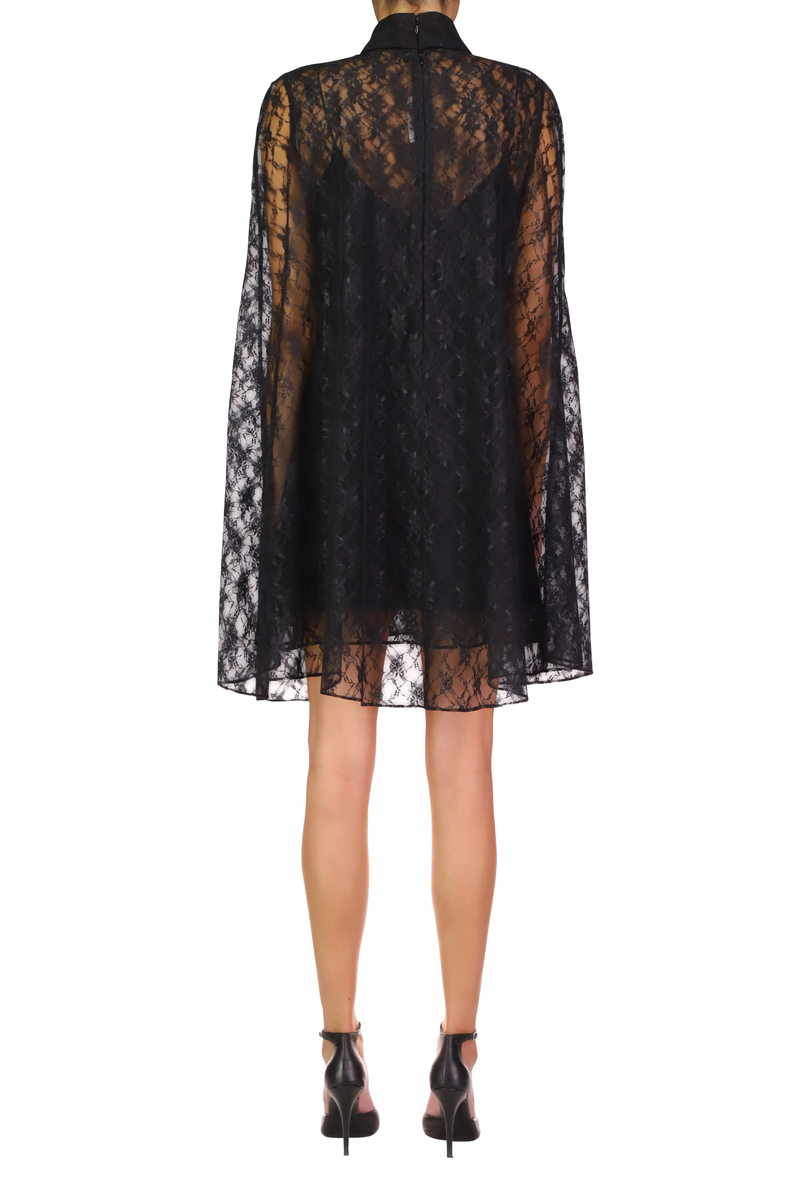 Black Floral Lace Cape Mini Dress