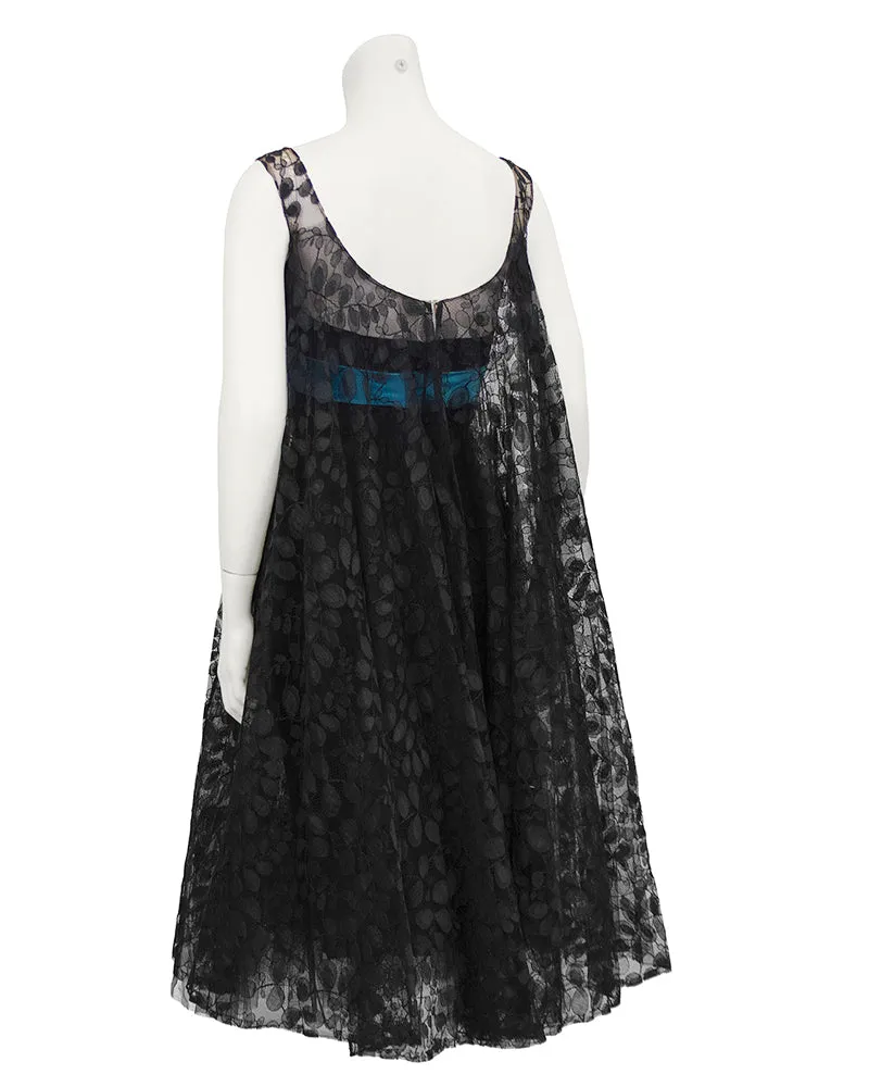 Black Lace Cocktail Dress with Turquoise Ribbon