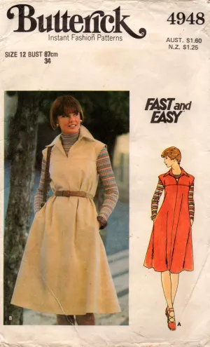 Butterick 4948 Womens Wide Collar Jumper Dress 1970s Vintage Sewing Pattern Size 12 Bust 34 inches