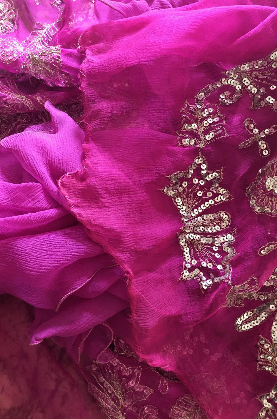 c1969 Thea Porter Couture Gold Brocade & Silver Metal Embroidered Fuchsia Dress
