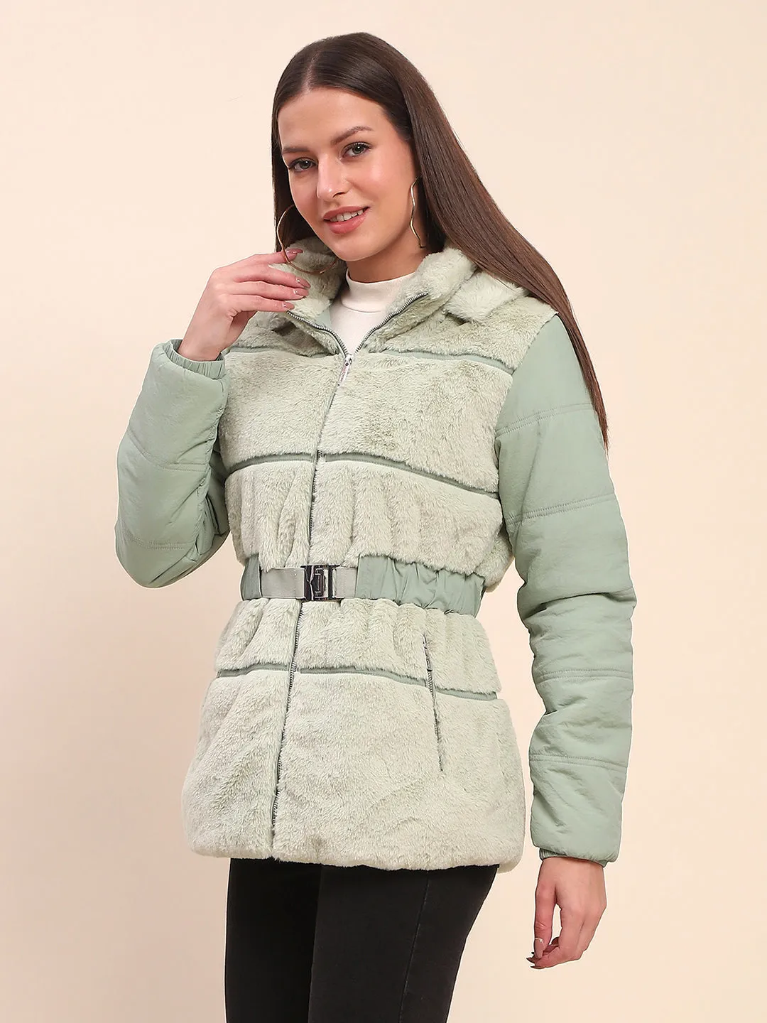 Camla Barcelona Quilted Fur Sea Green Jacket