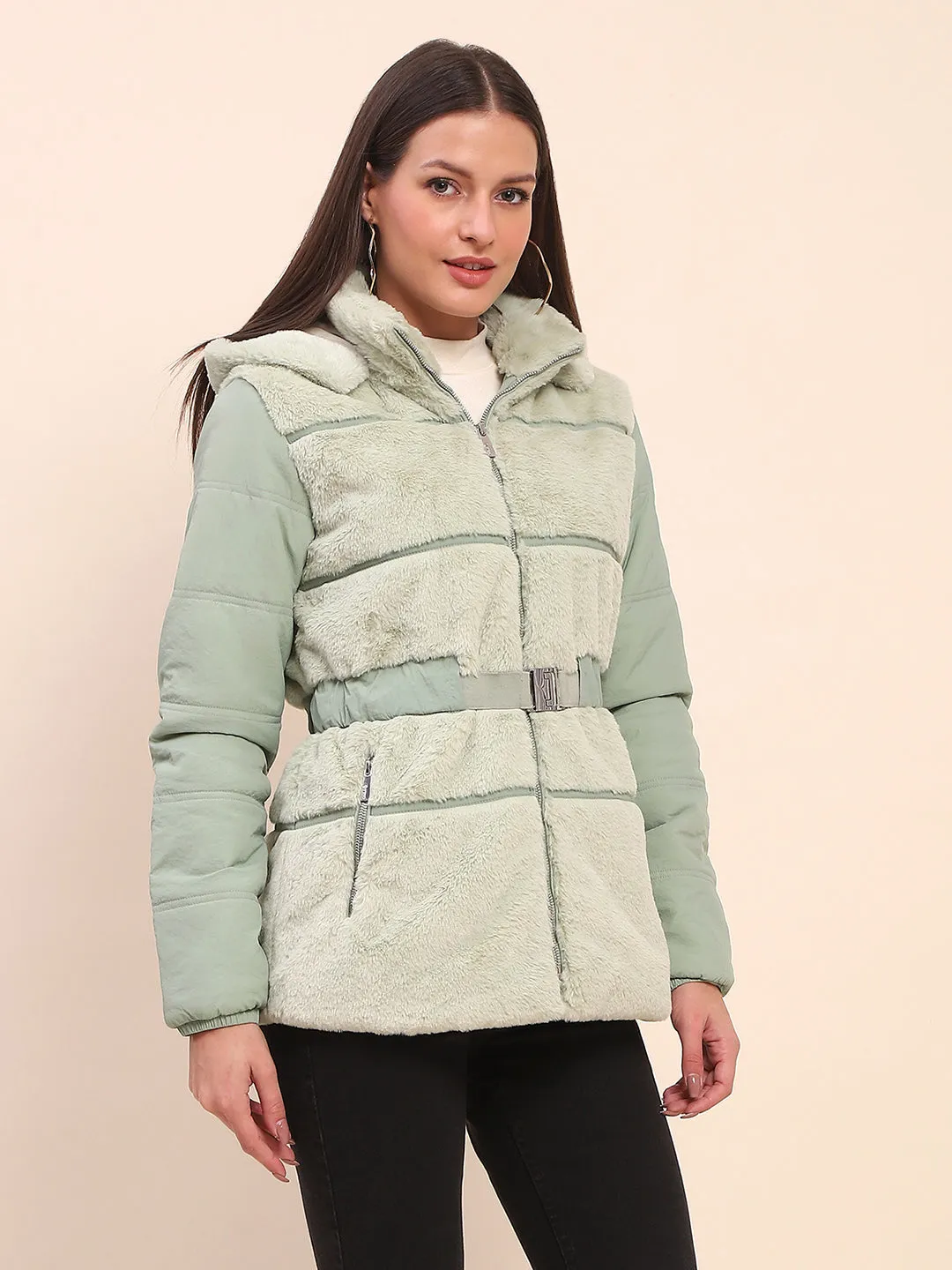 Camla Barcelona Quilted Fur Sea Green Jacket