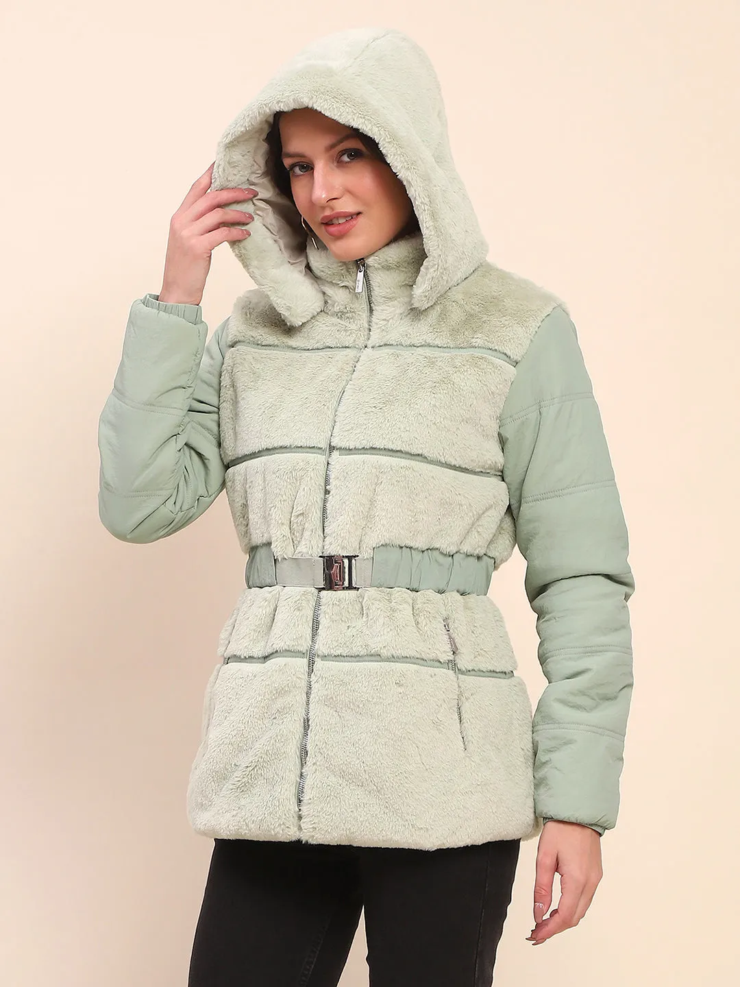 Camla Barcelona Quilted Fur Sea Green Jacket